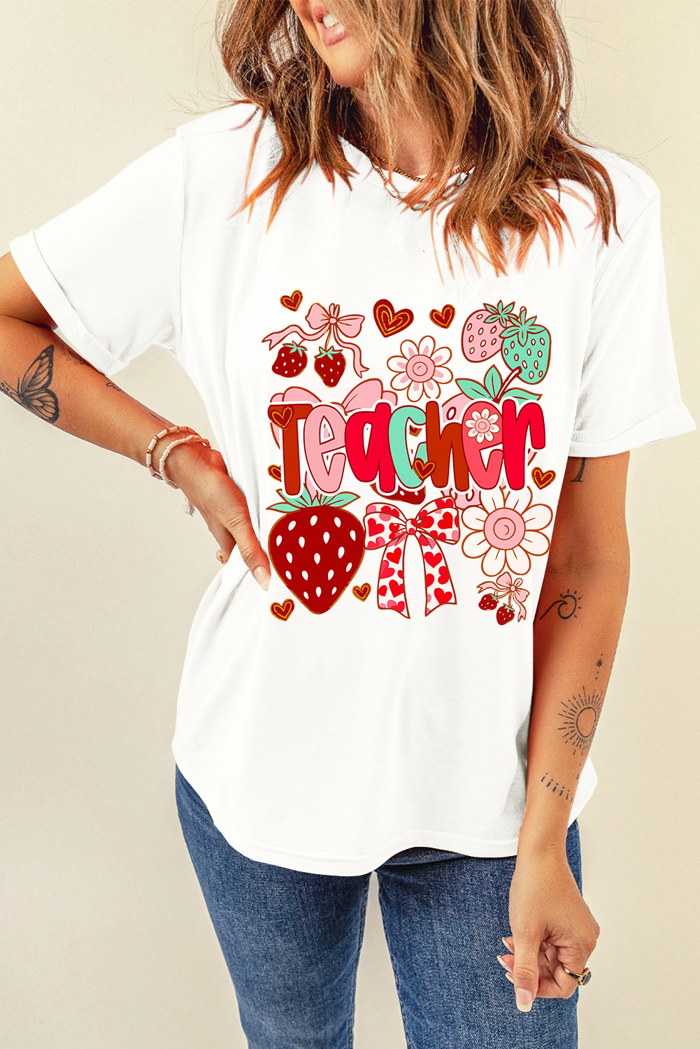 Adorable Round Neck Graphic T-Shirt with Flower, Bow, and Heart Prints for Teachers - Detail View 6