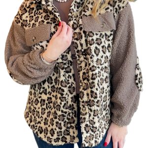 Women's Brown Sherpa Leopard Print Collared Jacket – Casual Flap Pocket Design for Daily Wear - Main View