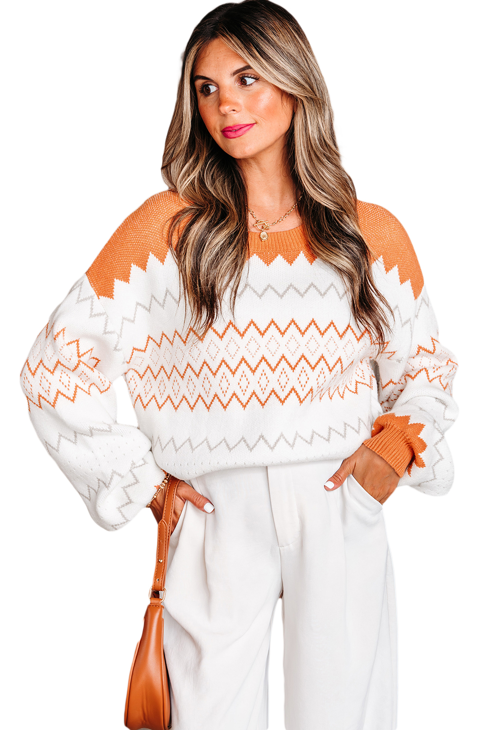 Stylish Long Sleeve Khaki Sweater with Color Block and Geometric Design - Detail View 22