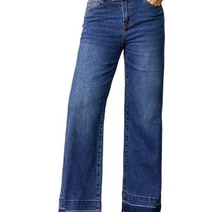 Women's Navy Blue Raw Hem Straight Jeans – High Rise Loose Fit with Unique Cuffs for Everyday Casual Wear