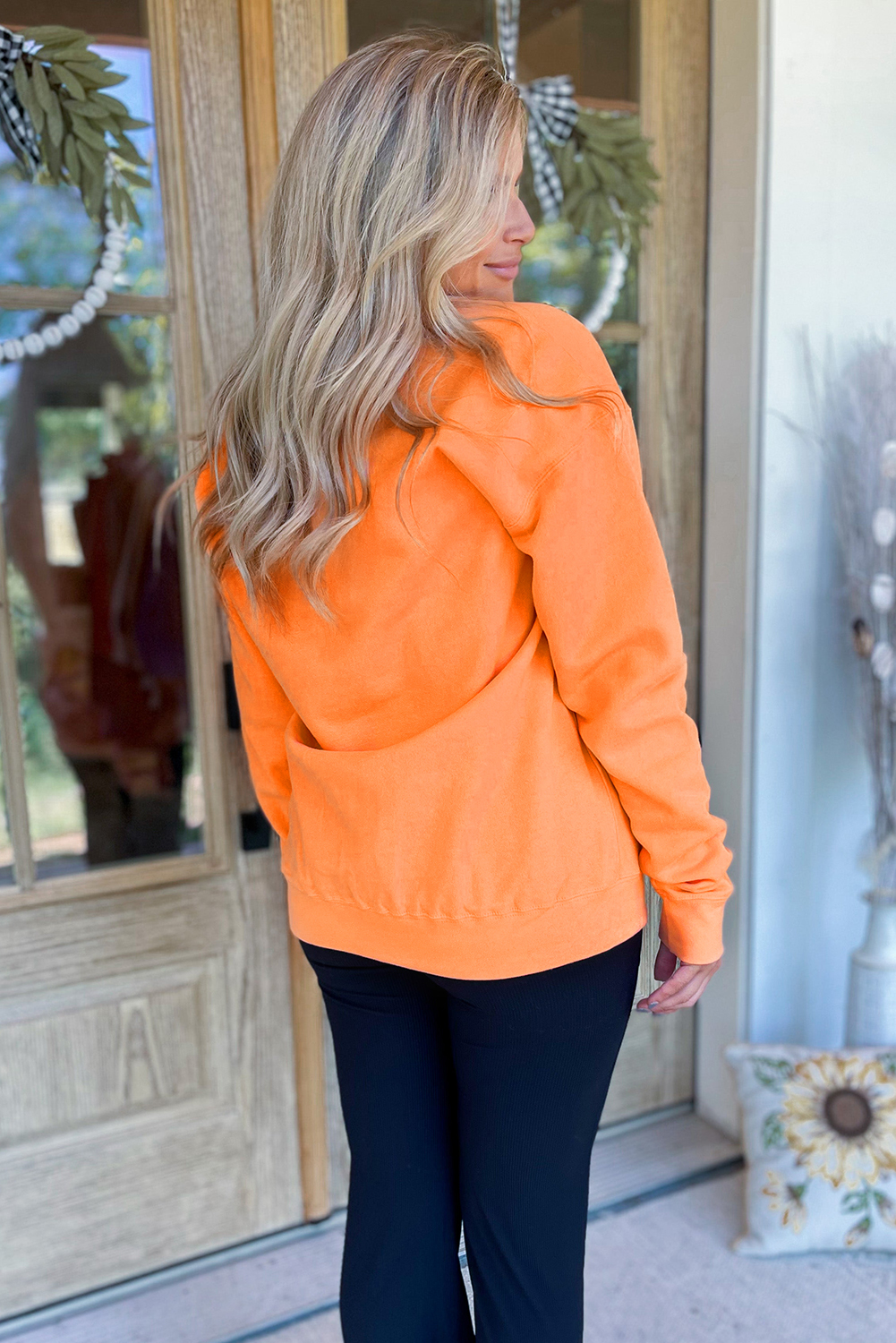 Casual Long Sleeve Halloween Sweatshirt - Spooky Slogan Print in Grapefruit Orange - Detail View 2