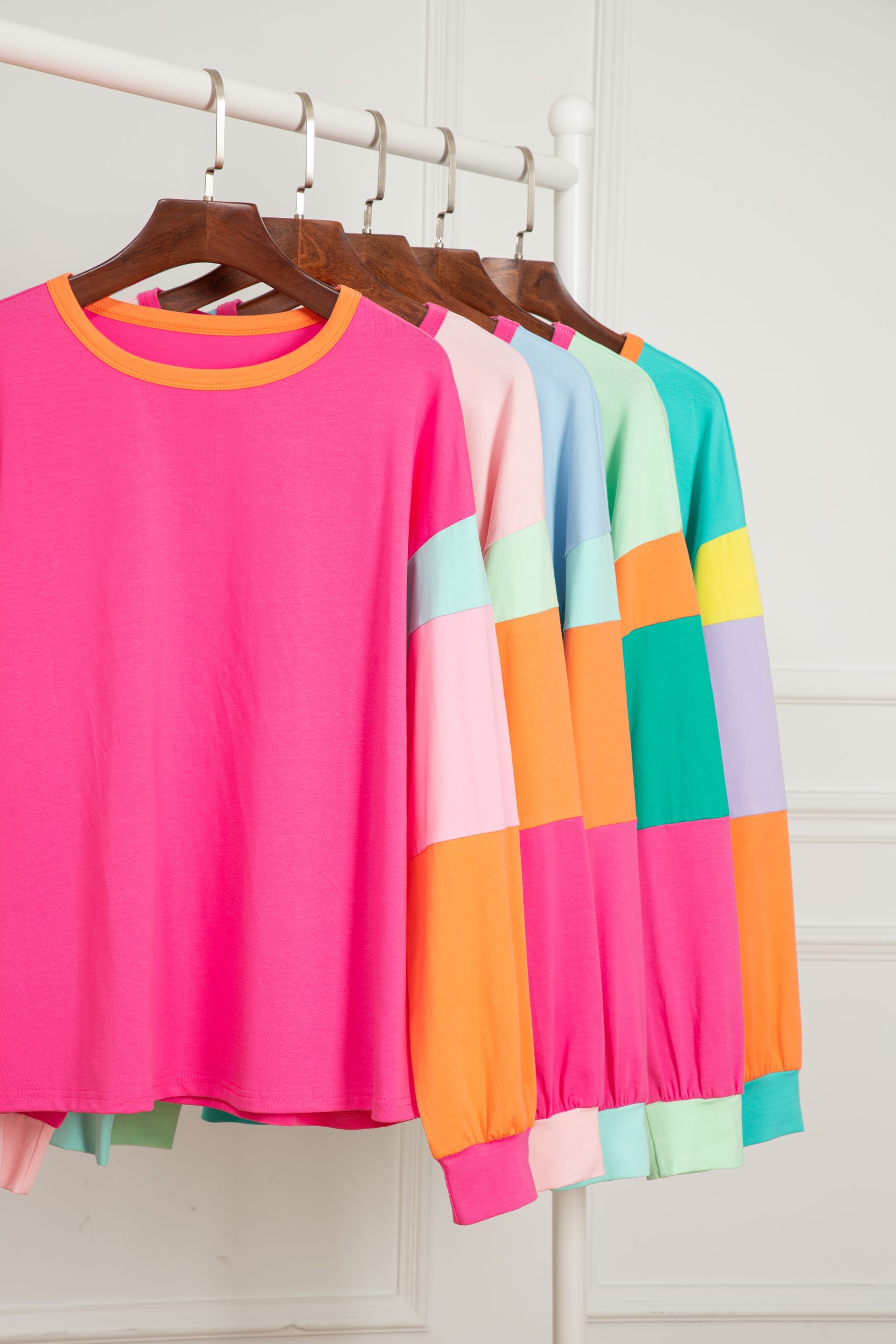 Trendy Light Blue Color Block Long Sleeve Top with Patchwork Design - Detail View 22