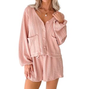 Gossamer Pink Cable Knit Cardigan and Shorts Set – Stylish Casual Outfit for Women