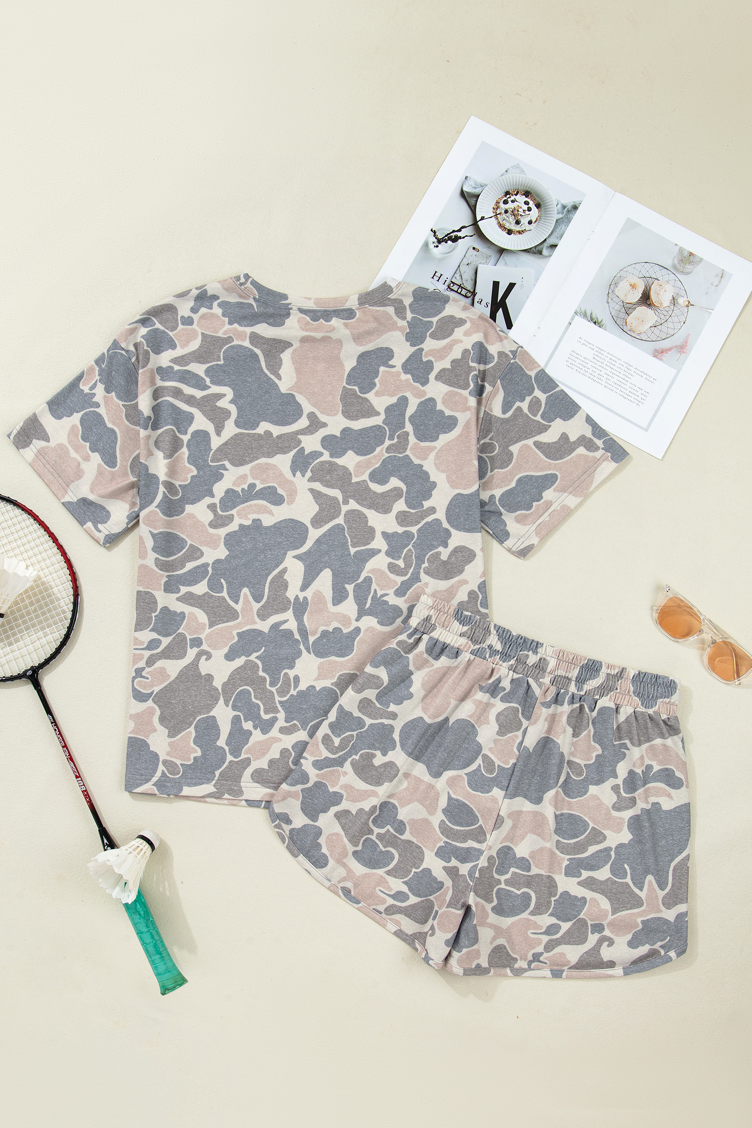 Multicolour Camo Lounge Set for Women – Relaxed Shift Silhouette Tee and Drawstring Shorts for Daily Wear - Detail View 11