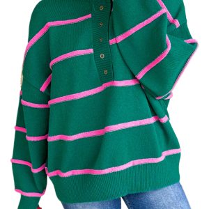 Casual Green Stripe Oversized Sweater with Half Buttons and Drop Shoulders - Main View