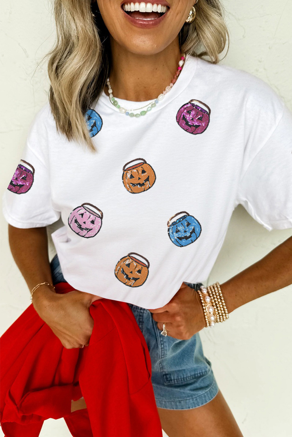 Casual Short Sleeve White T-Shirt with Sparkling Sequin Pumpkin Face - Detail View 6
