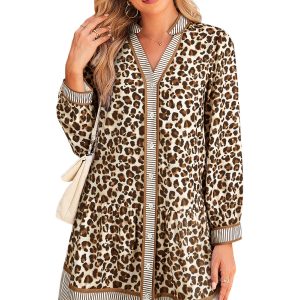 Women's Brown Leopard Striped Patchwork Mini Dress for Daily Wear