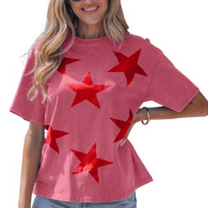 Women's Independence Day Star Print T-Shirt – Red Mineral Wash Cotton Tee for Summer - Main View