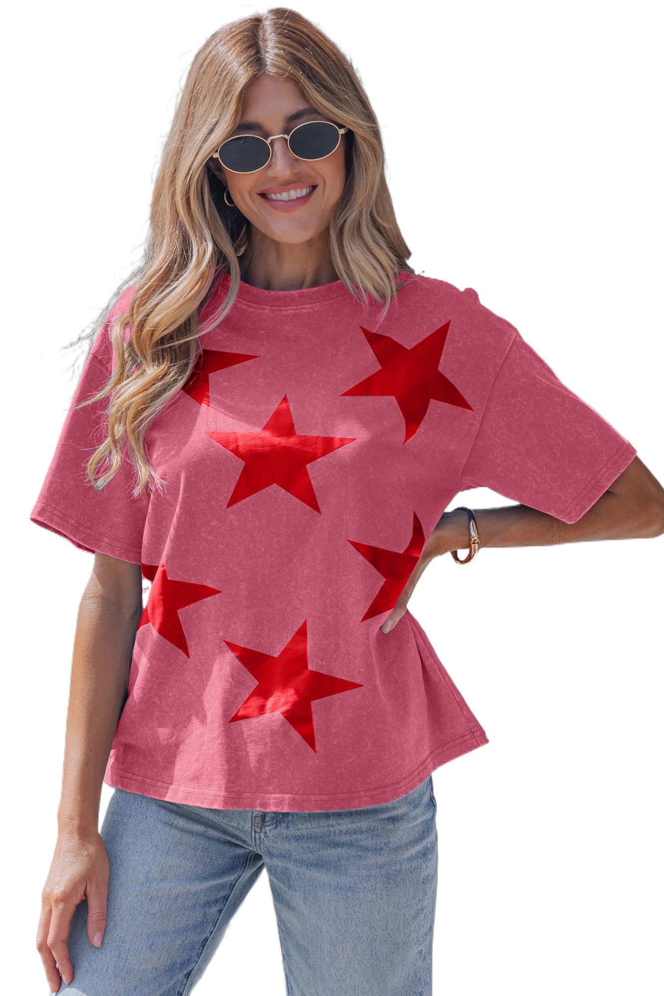 Women's Independence Day Star Print T-Shirt – Red Mineral Wash Cotton Tee for Summer - Main View