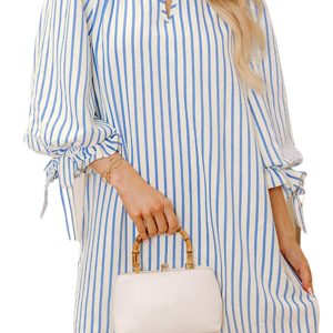Women's Sky Blue Stripe Knotted Bracelet Sleeve Notched Neck Shift Mini Dress - Main View
