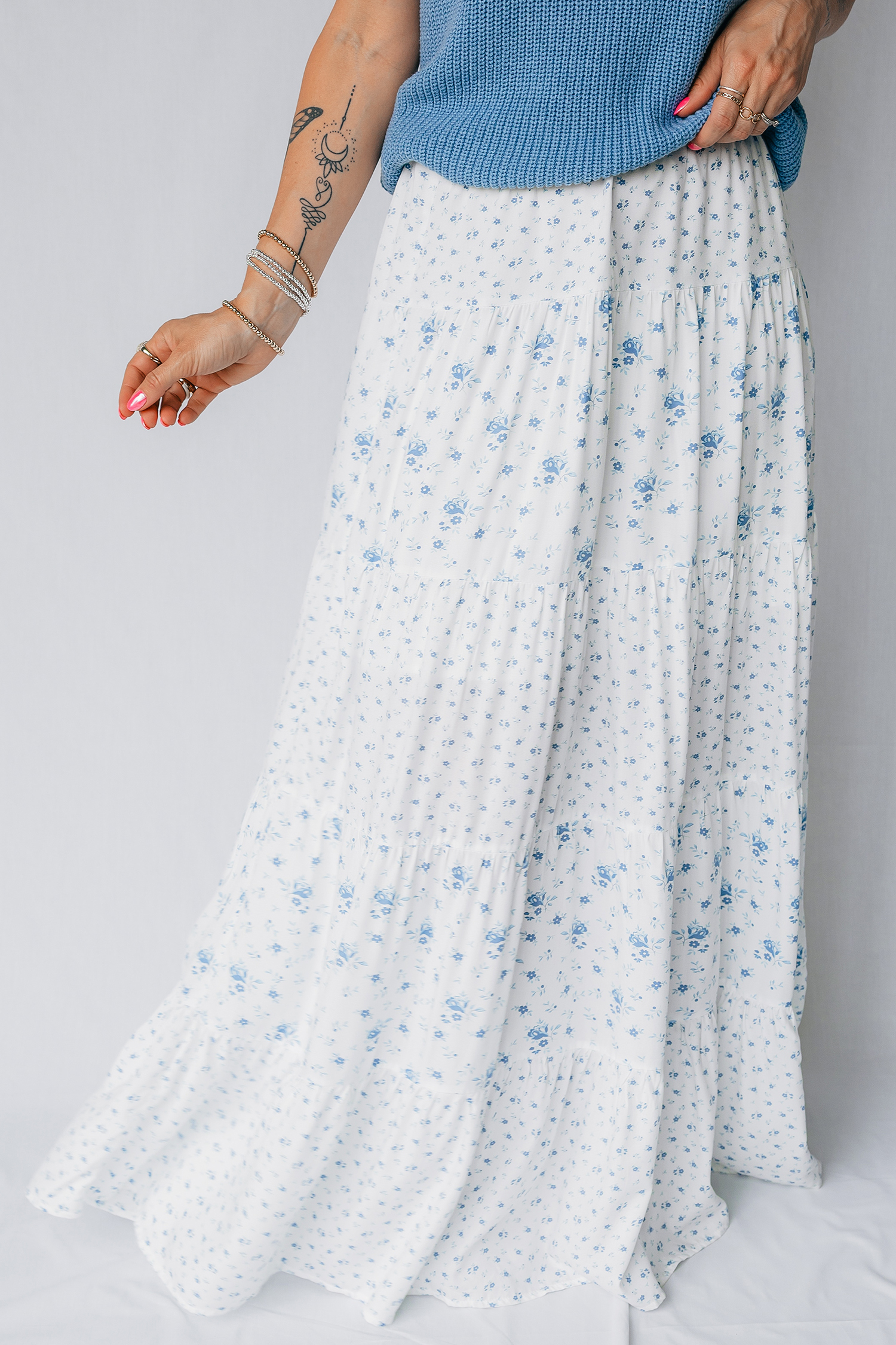 Chic Sky Blue Tiny Floral Maxi Skirt – Women's High Waist Boho Long Skirt, Lightweight Beach Vacation Outfit - Detail View 6