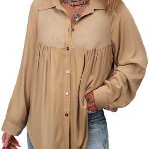 Light French Beige Waffle Patchwork Button Up Shirt with Frayed Hem - Casual Long Sleeve Top - Main View