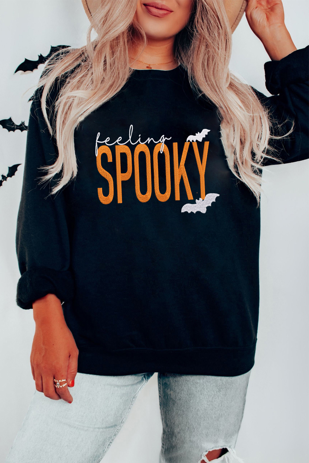 Women's Black 'Feeling Spooky' Halloween Embroidered Graphic Baggy Sweatshirt - Detail View 5