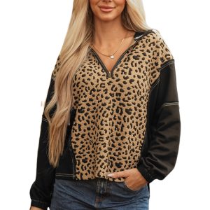 Women's Leopard Patchwork Hoodie – Quarter Zip Sweatshirt with Contrast Stitching - Main View