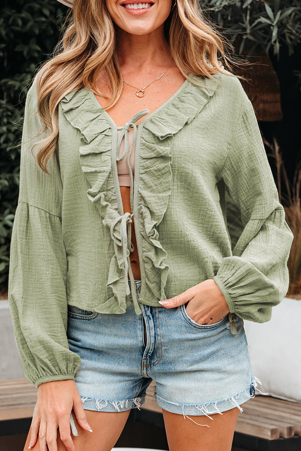 Women's Blouse, Meadow Mist Green, Bow Tie, Ruffle Trim, V Neck, Long Sleeve, Casual Style, Solid Color, Cotton & Linen Fabric, Daily Wear, Vacation Outfit, Outdoor Top, Southern Belle Style - Detail View 8
