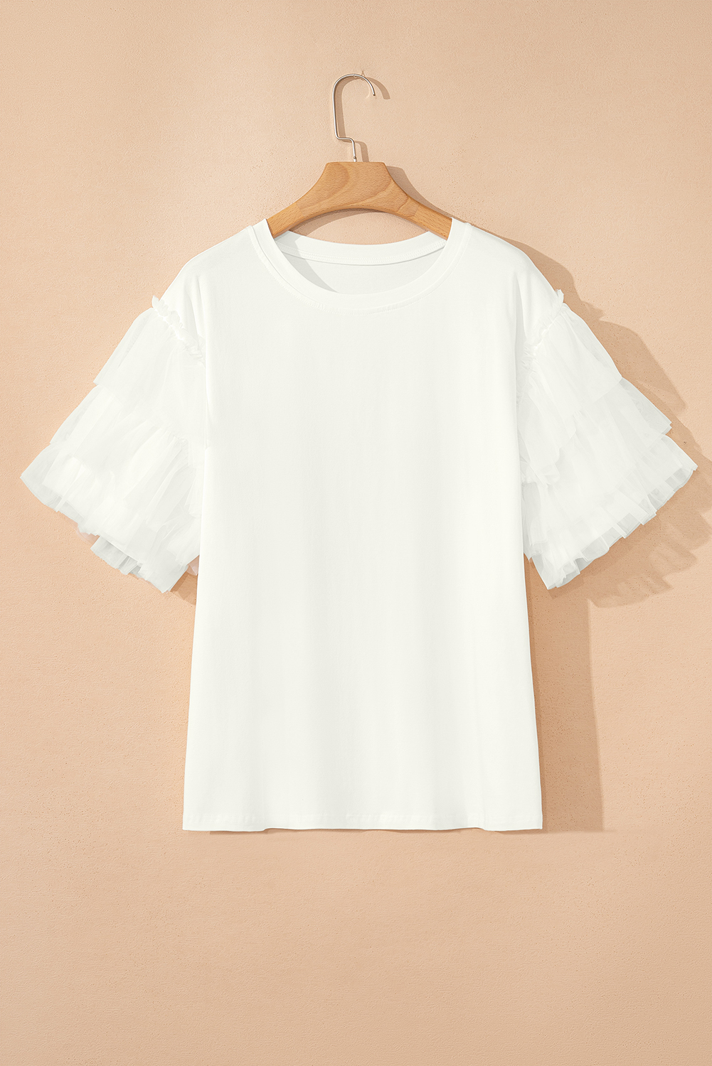 Elegant Round Neck White Blouse with Ruffle Sleeves - Perfect for Daily Outfits - Detail View 6