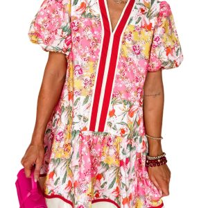 Women's Pink Floral Mini Dress – V Neck Contrast Trim A-Line Summer Sundress for Vacation - Main View