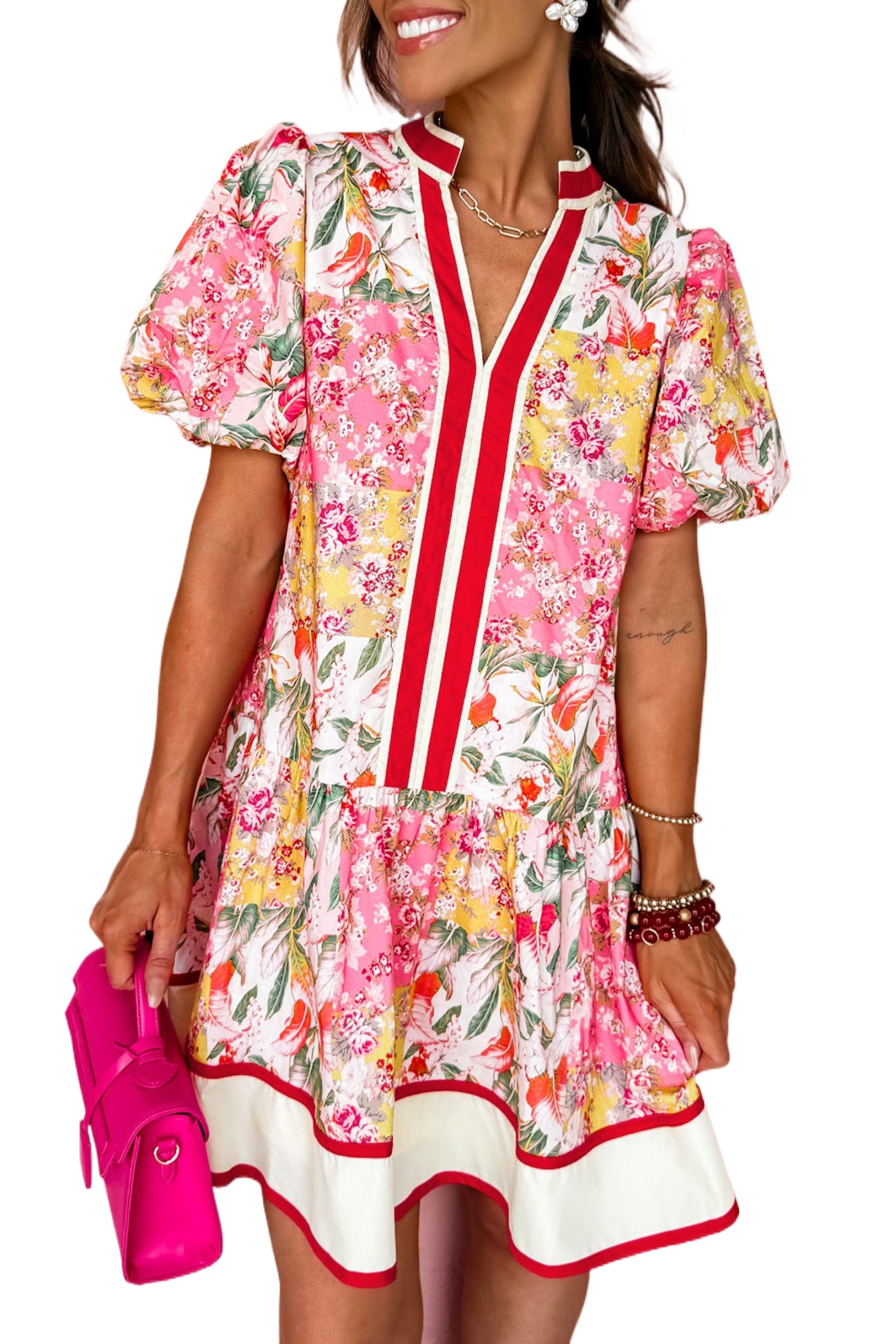 Women's Pink Floral Mini Dress – V Neck Contrast Trim A-Line Summer Sundress for Vacation - Main View