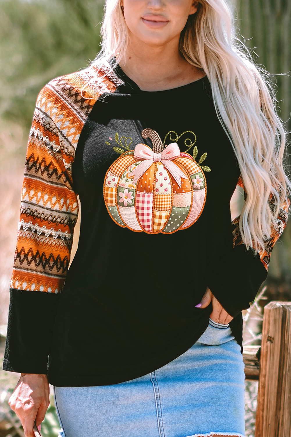 Women's Orange Cute Pumpkin Graphic Geo Print Raglan Long Sleeve Tee - Detail View 9