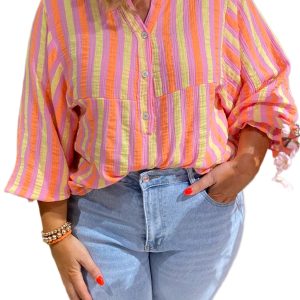 Plus Size Pink Stripe Crinkled Half Buttons V Neck Blouse for Women - Main View