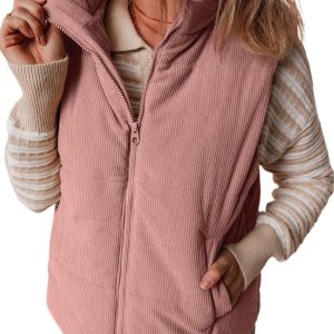 Women's Apricot Pink Corduroy Stand Neck Zipped Puffer Vest for Casual Winter Style - Main View