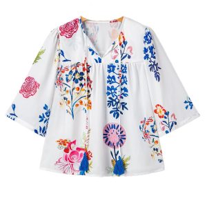 Women's White Floral Print Boho Blouse with Tassel Tie and Bracelet Sleeves - Main View