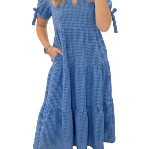 Dusk Blue Gingham Midi Dress for Women – Short Sleeve Tiered Casual Summer Style
