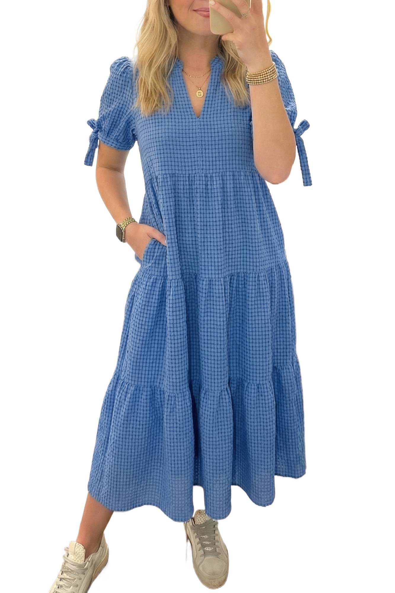 Dusk Blue Gingham Midi Dress for Women – Short Sleeve Tiered Casual Summer Style