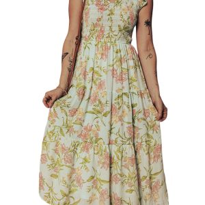 Women's Yellow Floral Maxi Dress – Ruffled Sleeveless Tiered Style for Summer Events