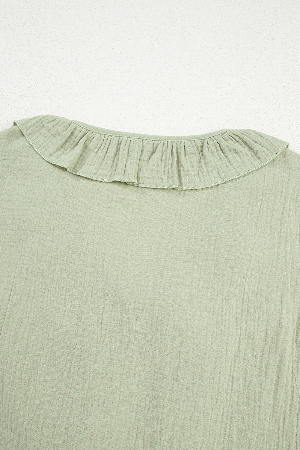 Women's Blouse, Meadow Mist Green, Bow Tie, Ruffle Trim, V Neck, Long Sleeve, Casual Style, Solid Color, Cotton & Linen Fabric, Daily Wear, Vacation Outfit, Outdoor Top, Southern Belle Style - Detail View 16