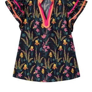 Women's Floral Print V Neck Blouse – Southern Belle Ruffled Short Sleeve Top, Black Shift Shirt - Main View