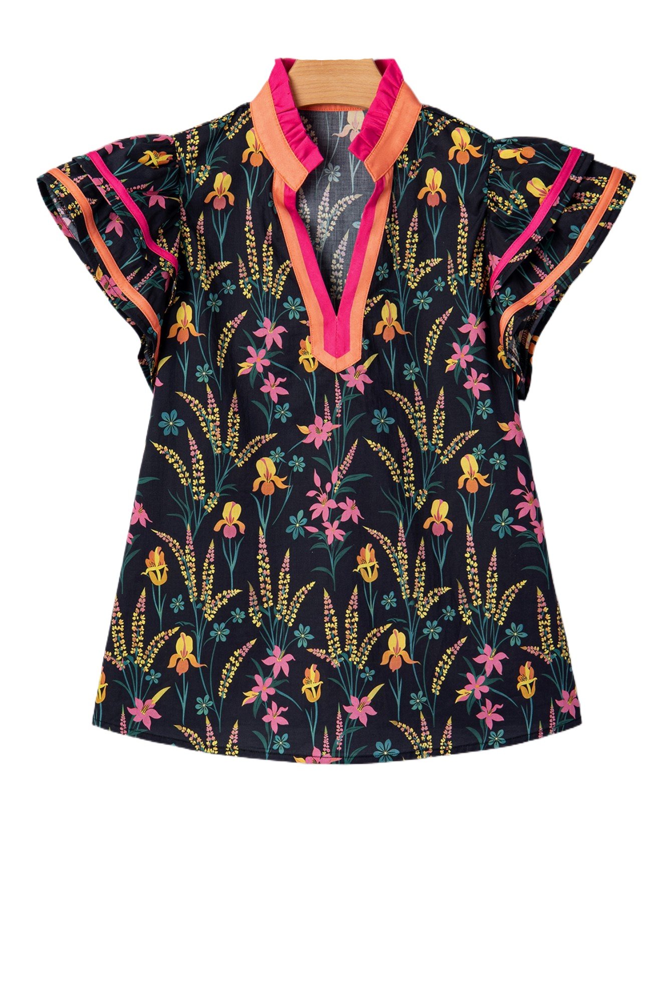 Women's Floral Print V Neck Blouse – Southern Belle Ruffled Short Sleeve Top, Black Shift Shirt - Main View