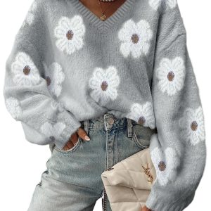 Women's Gray Floral V-Neck Drop Shoulder Baggy Sweater – Casual Daily Wear for Fall Comfort