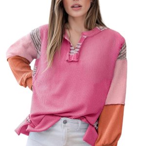 Women's Rose Red Corded Plaid Patchwork Long Sleeve Top – Casual Daily Wear - Main View