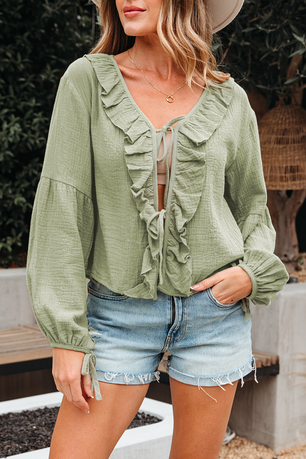 Women's Meadow Mist Green Bow Tie Front Ruffle Trim V Neck Long Sleeve Blouse - Detail View 9
