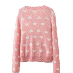 Light Pink Heart Pattern Cardigan Sweater for Women – Cozy Button Front Style for Daily Wear - Main View