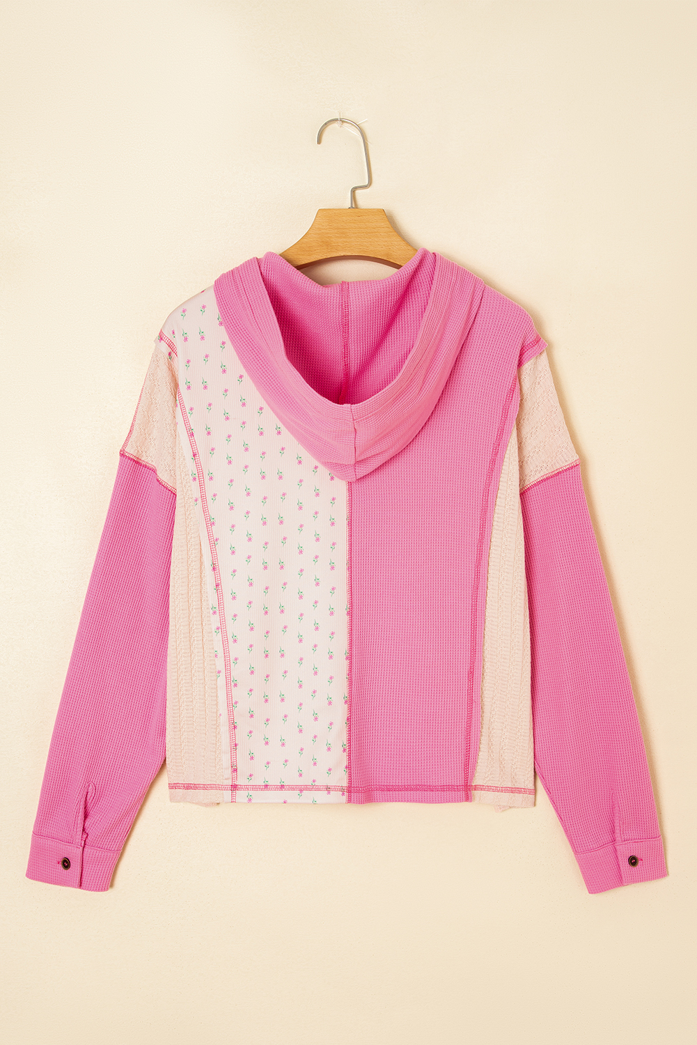 Women's Oversized Pink Waffle Knit Floral Patchwork Hooded Pullover - Detail View 5