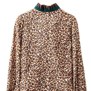 Women's Brown Leopard Print V-Neck Shirt – Frilled Trim for Office Wear