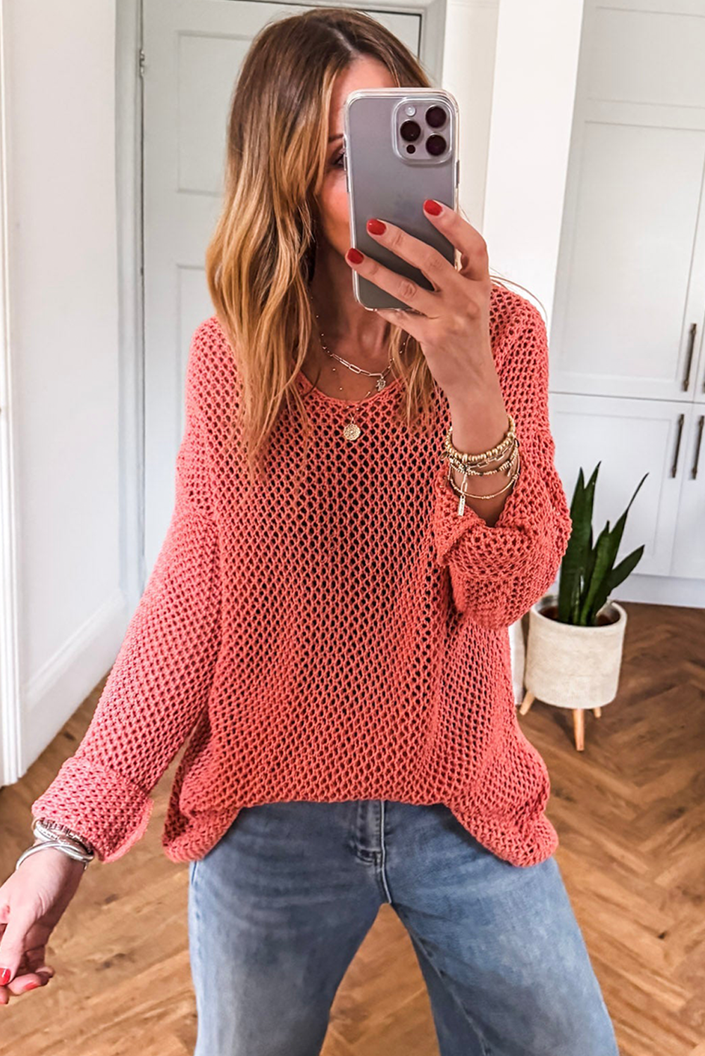 Trendy Long Sleeve Crochet Sweater with U-Neck Design in Coral - Detail View 6