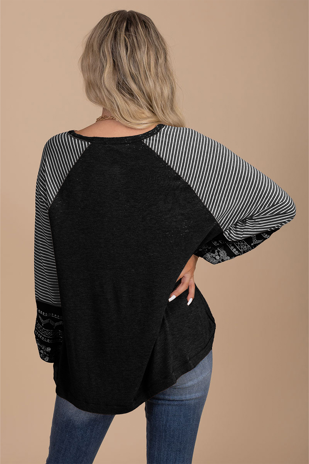 Casual Black Striped Raglan Top with Long Sleeves for Daily Wear - Detail View 2