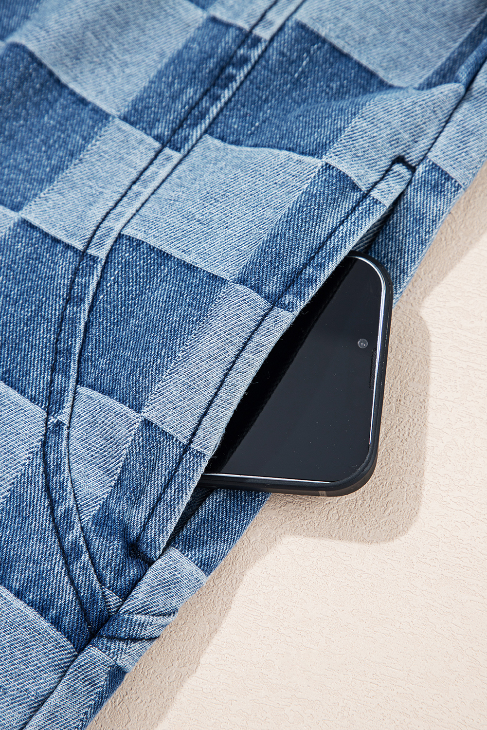 Sky Blue Hoodie, Checkerboard Print, Zipped Neck, Kangaroo Pocket, Denim Fabric, Casual Style, Long Sleeve, Fall Fashion, Daily Wear, Plaid Pattern, Comfortable, Shift Silhouette - Detail View 8