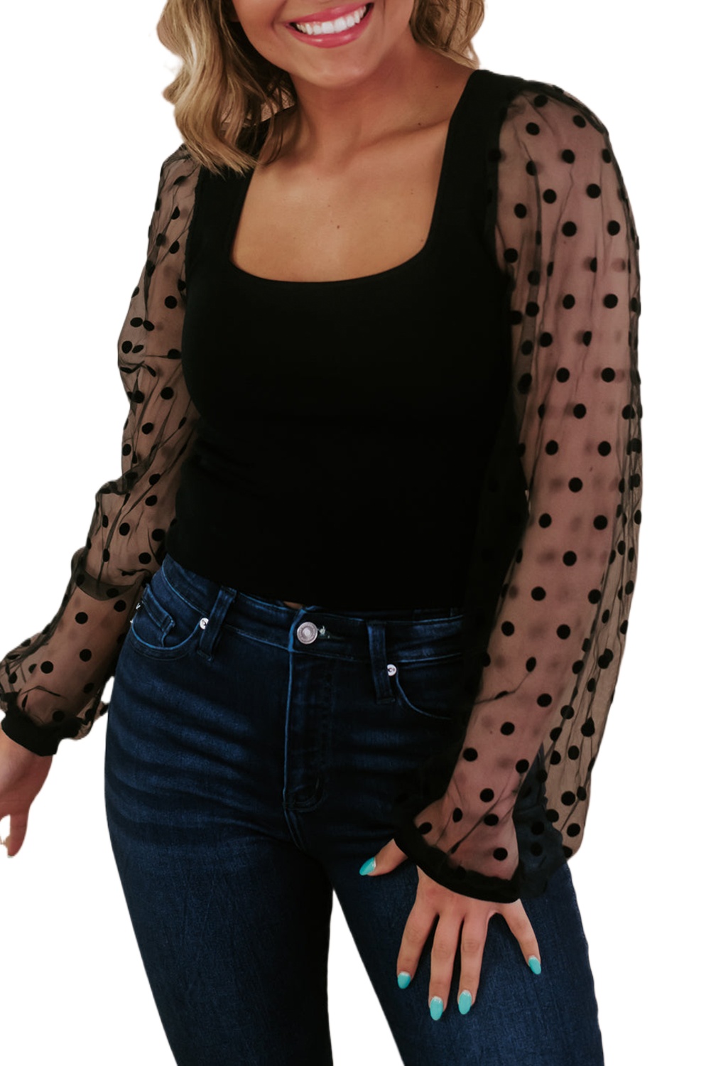 Elegant Black Polka Dot Mesh Puff Sleeve Slim Top with Square Neck - Main View
