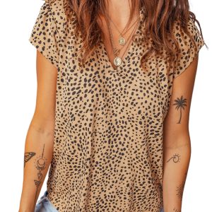 Women's Apricot Frilled V Neck Blouse – Casual Short Sleeve Top for Daily Wear