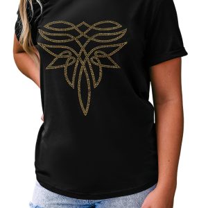 Women's Black Rhinestone Western Pattern Graphic T-Shirt - Casual Crew Neck Tee - Main View