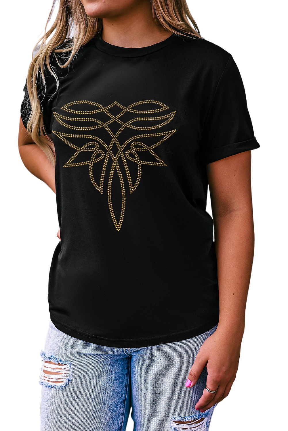 Women's Black Rhinestone Western Pattern Graphic T-Shirt - Casual Crew Neck Tee - Main View