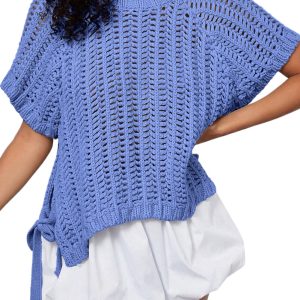 Women's Ashleigh Blue Plus Size Open Knit Bow Tie Short Sleeve Sweater - Casual Summer Style