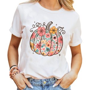 Women's White Floral Pumpkin Print Casual T-Shirt - Perfect for Summer - Main View