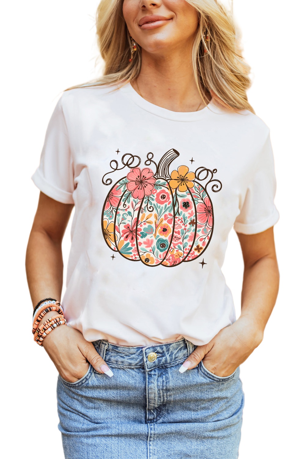 Women's White Floral Pumpkin Print Casual T-Shirt - Perfect for Summer - Main View