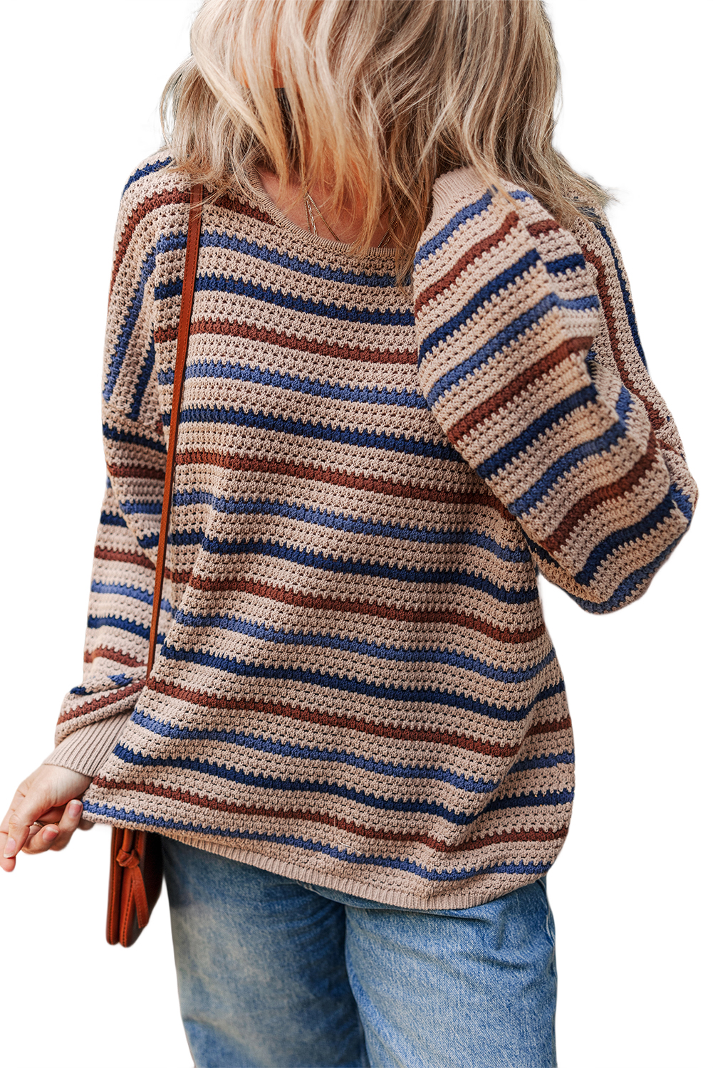 Women's Sweater, Multicolour Stripes, Drop Shoulder, Round Neck, Long Sleeve, Casual Style, Cozy Knit, Daily Wear, Fall Fashion, Autumn Wardrobe, Comfortable Fit, Classic Design, Shift Silhouette, Soft Fabric, Easy Layering - Detail View 12