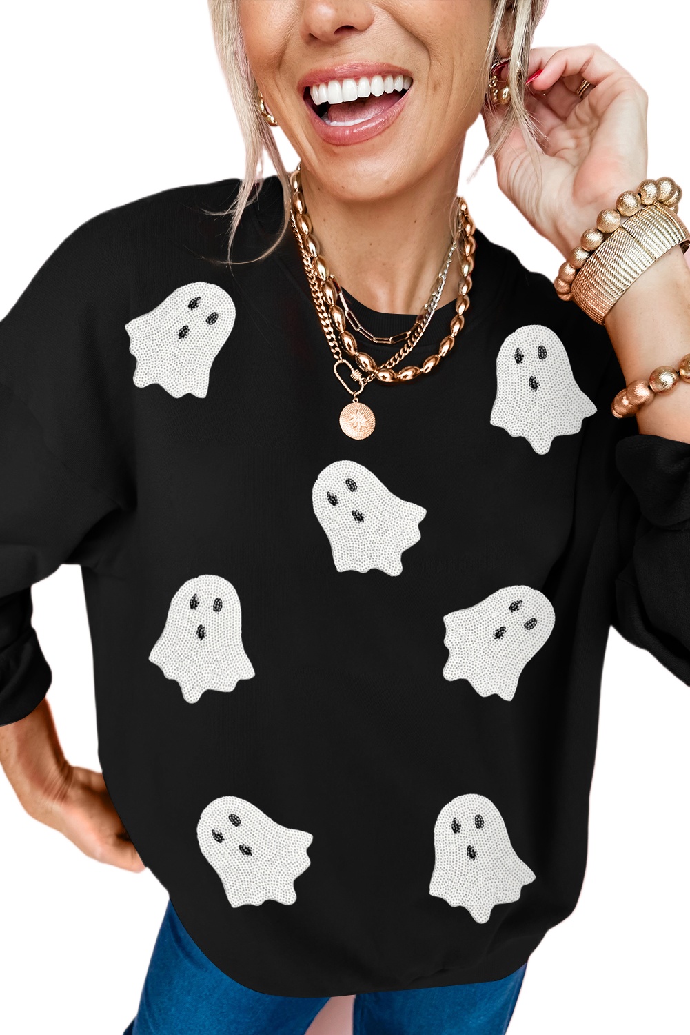 Women's Black Sequin Halloween Ghost Patched Drop Shoulder Sweatshirt - Detail View 5